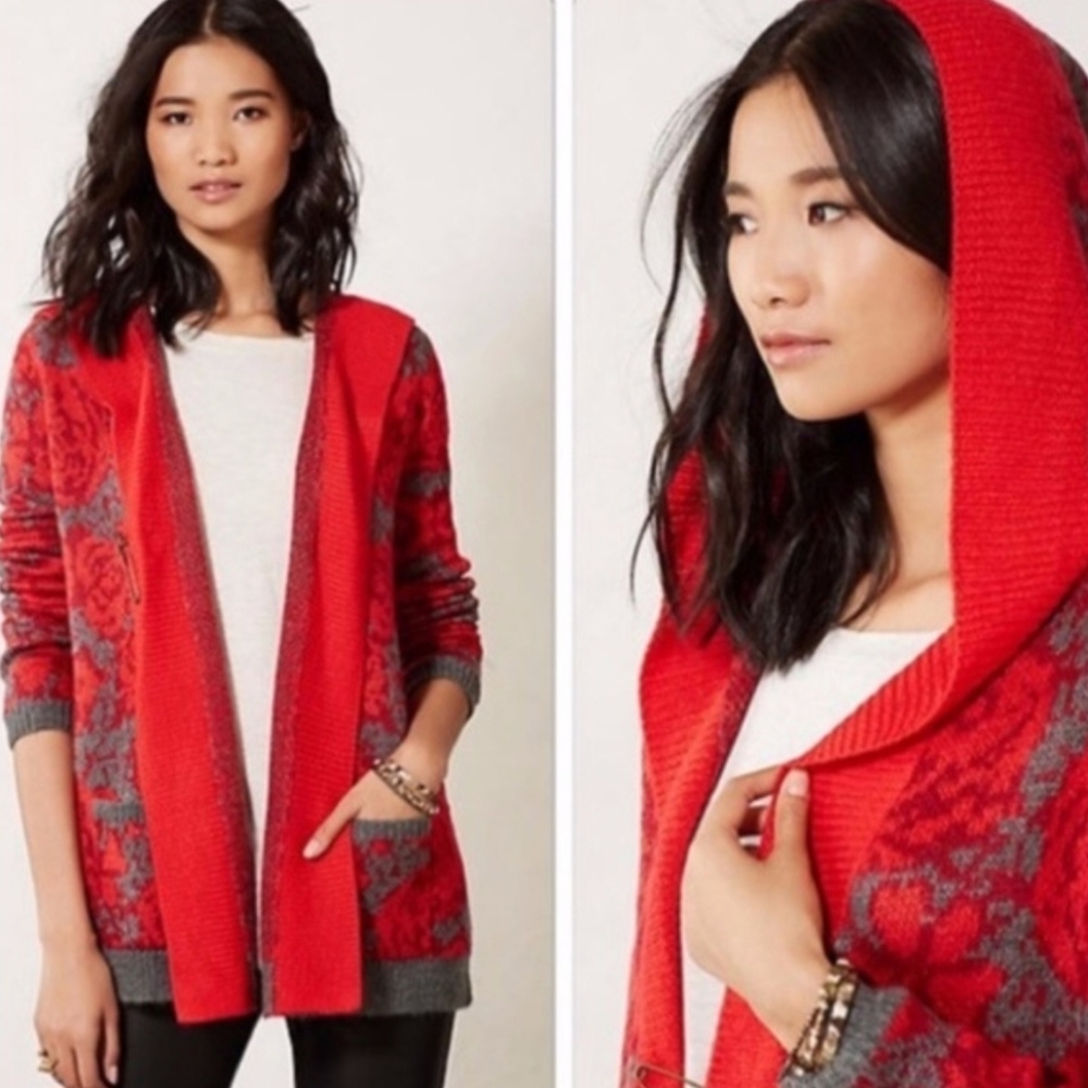 Anthropologie Sparrow Wool Blend Red Cardigan Womens Size Small Hooded Floral